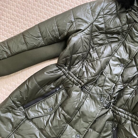 NWT Michael Kors Quilted Women Long Puffer Coat w/ Fur Hoodie Olive Size 1X - Picture 12 of 15